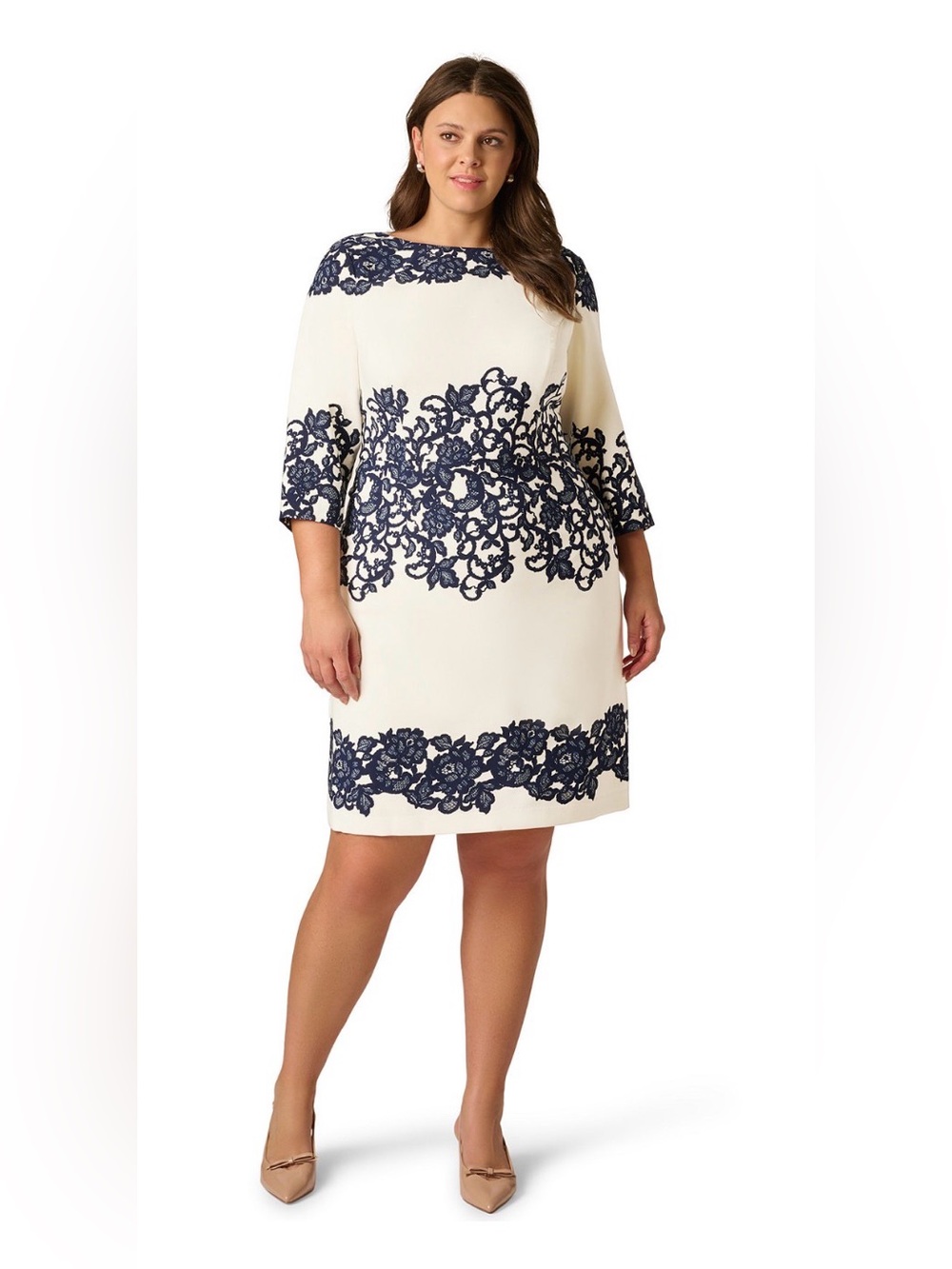 Adrianna Papell Ivory Shift Dress with Navy Lace design NWT